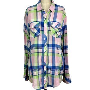 Abercrombie & Fitch Womens L Flannel Shirt Button Down Top Plaid Pink Blue Green
